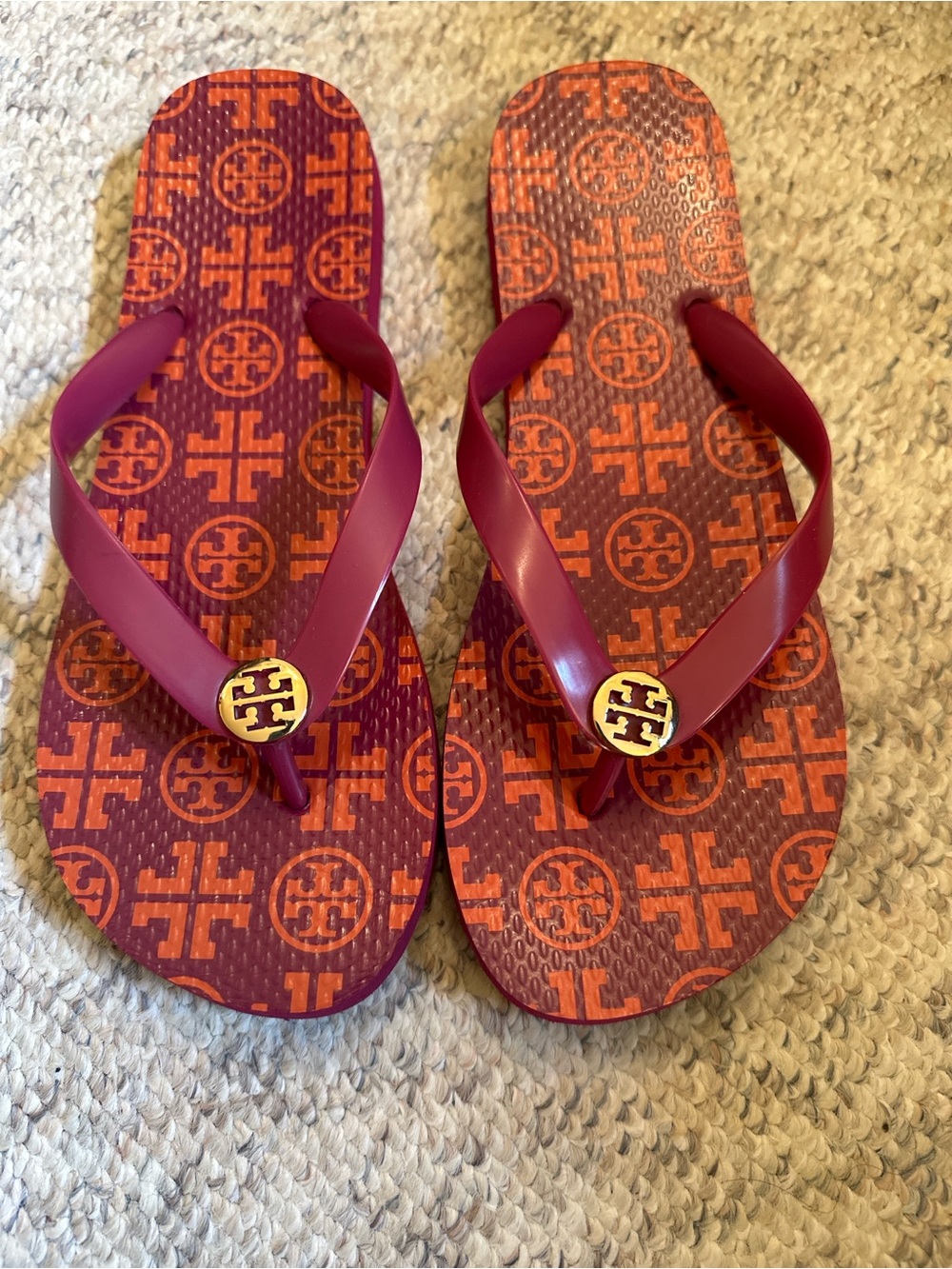 Tory Burch' Burgundy and Orange Logo Flip Flops